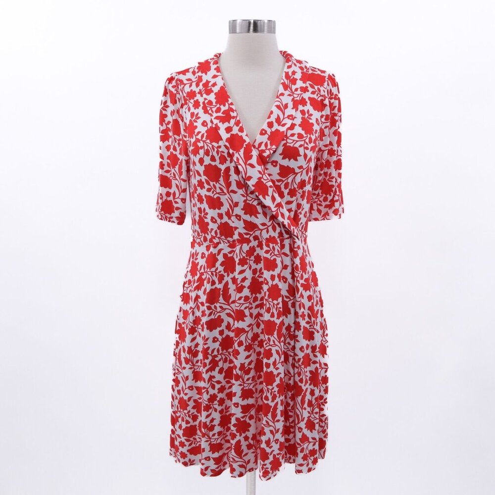 Boden Faux Wrap Dress Womens 10R Coral Red White Floral Jersey Stretch V-Neck
